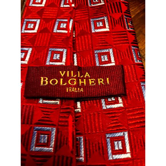 Villa Bolgheri Red with Light Blue Squares, Geometric, Silk, Formal, Business - Picture 5 of 7